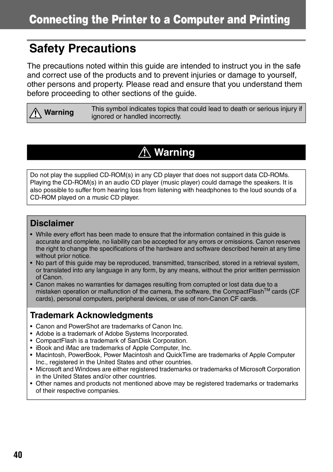 Canon CDI-M113-010 manual Connecting the Printer to a Computer and Printing, Trademark Acknowledgments 