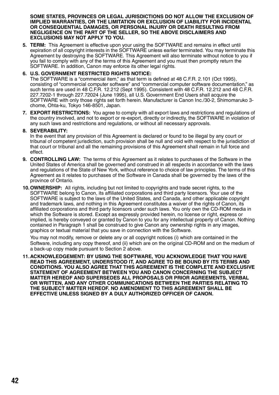 Canon CDI-M113-010 manual S. Government Restricted Rights Notice 