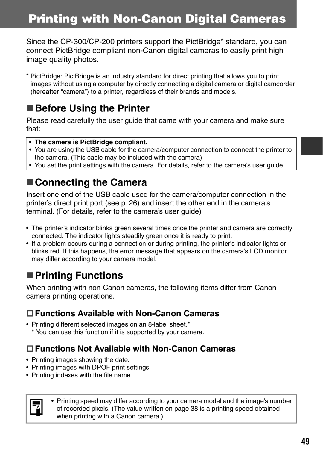 Canon CDI-M113-010 manual Printing with Non-Canon Digital Cameras, „ Before Using the Printer, „ Connecting the Camera 