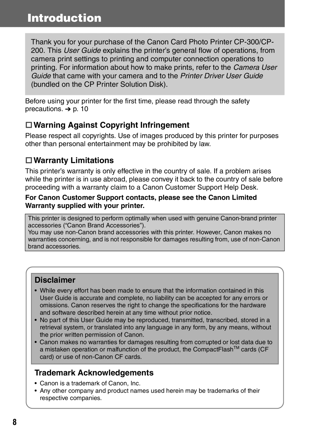 Canon CDI-M113-010 manual Introduction, † Warning Against Copyright Infringement, † Warranty Limitations, Disclaimer 