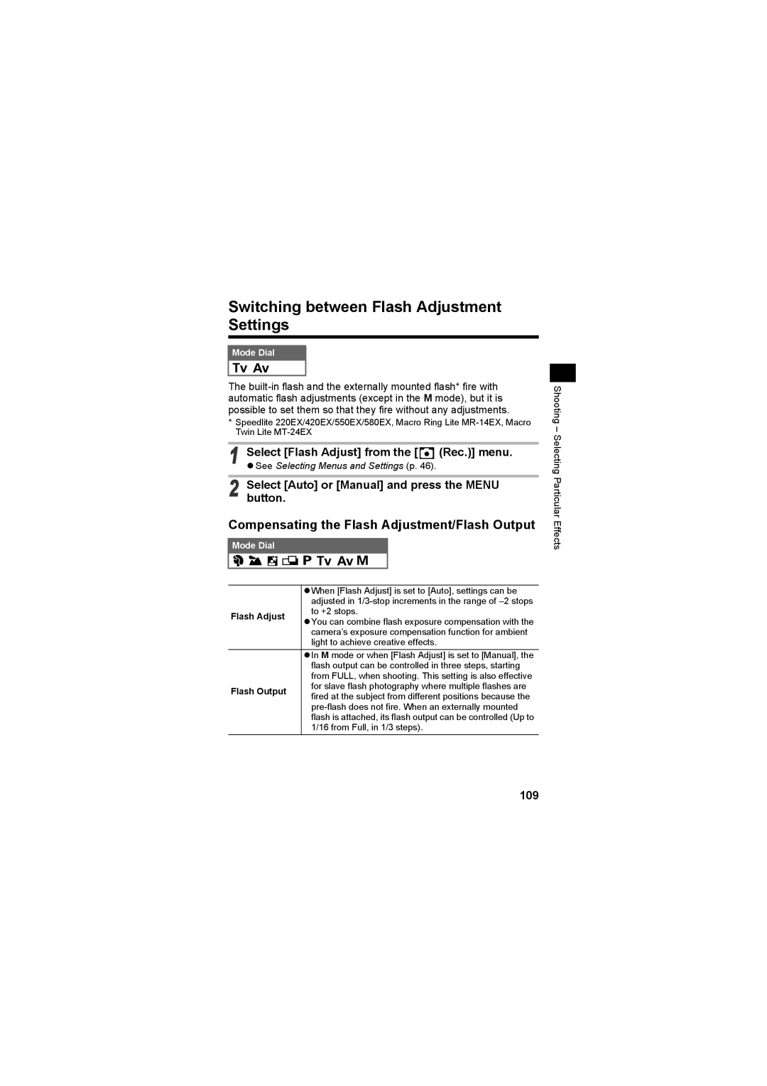 Canon CEL-SE65A210 manual Switching between Flash Adjustment Settings, Compensating the Flash Adjustment/Flash Output, 109 