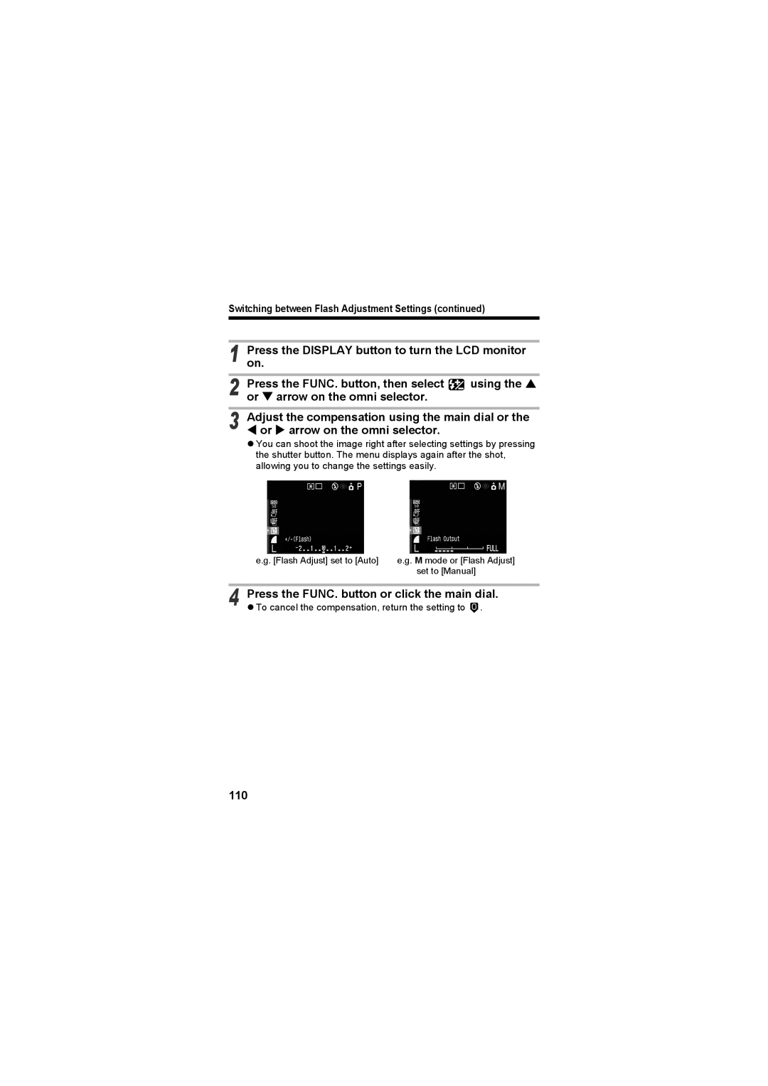 Canon CEL-SE65A210 manual 110, Switching between Flash Adjustment Settings 