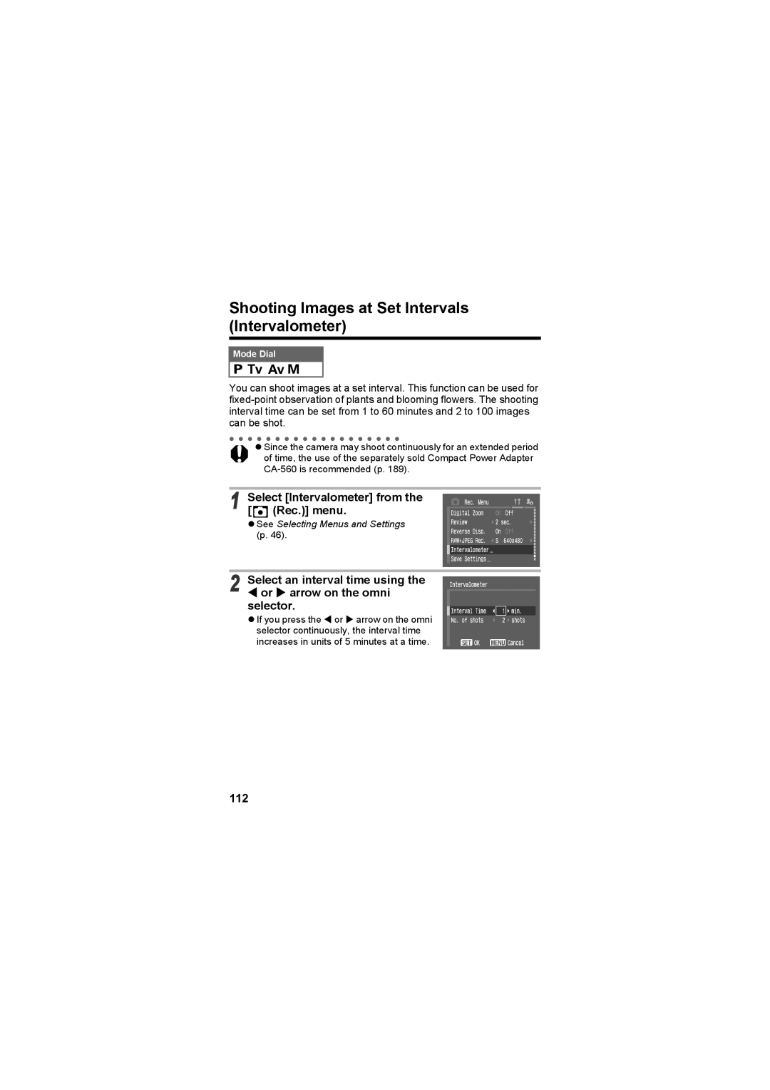 Canon CEL-SE65A210 manual Shooting Images at Set Intervals Intervalometer, Select Intervalometer from the Rec. menu, 112 