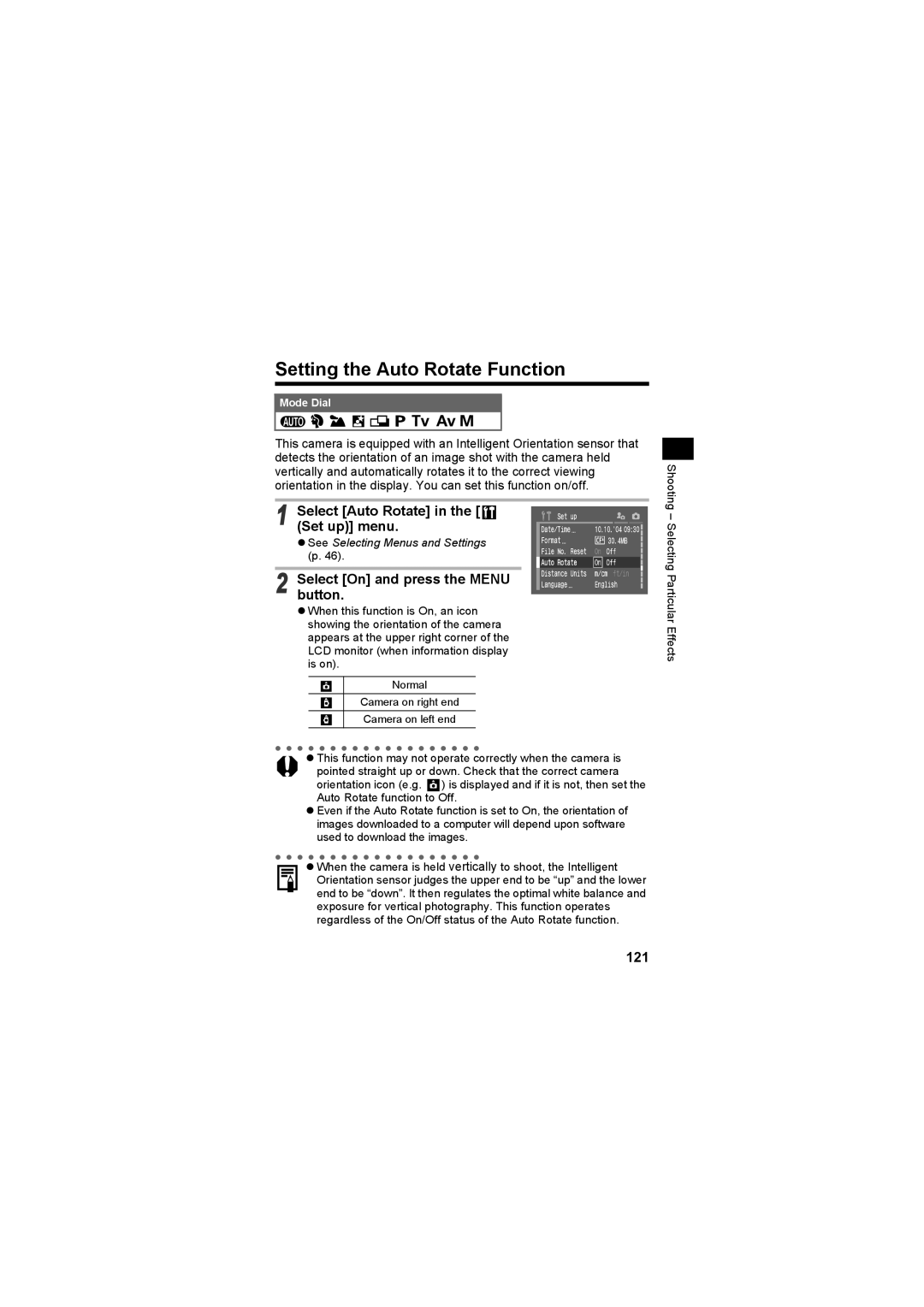 Canon CEL-SE65A210 manual Setting the Auto Rotate Function, Select Auto Rotate in the Set up menu, 121 