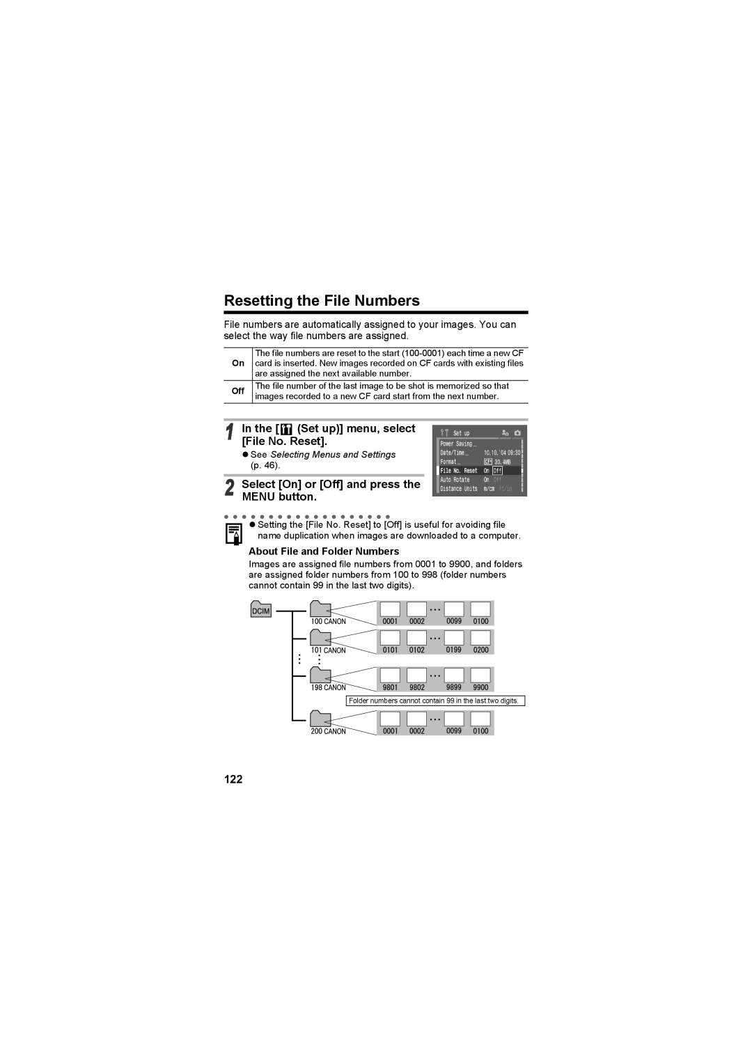 Canon CEL-SE65A210 manual Resetting the File Numbers, Set up menu, select, File No Reset, 122 