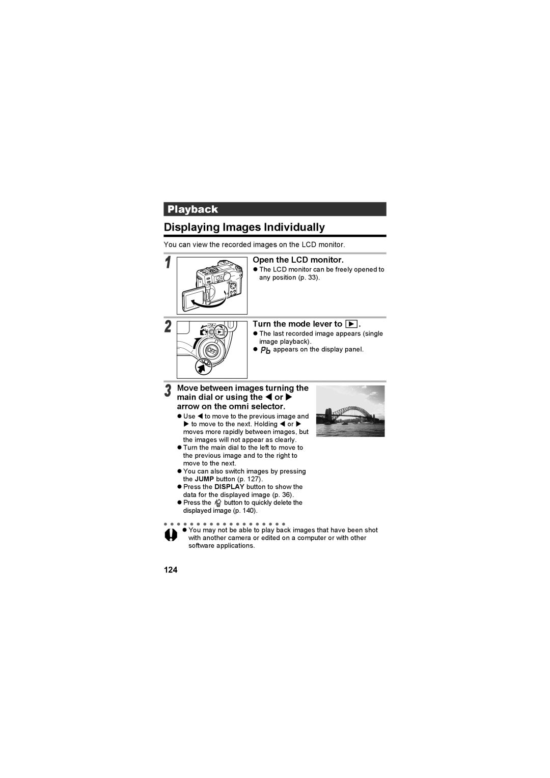 Canon CEL-SE65A210 manual Displaying Images Individually, Open the LCD monitor, 124 