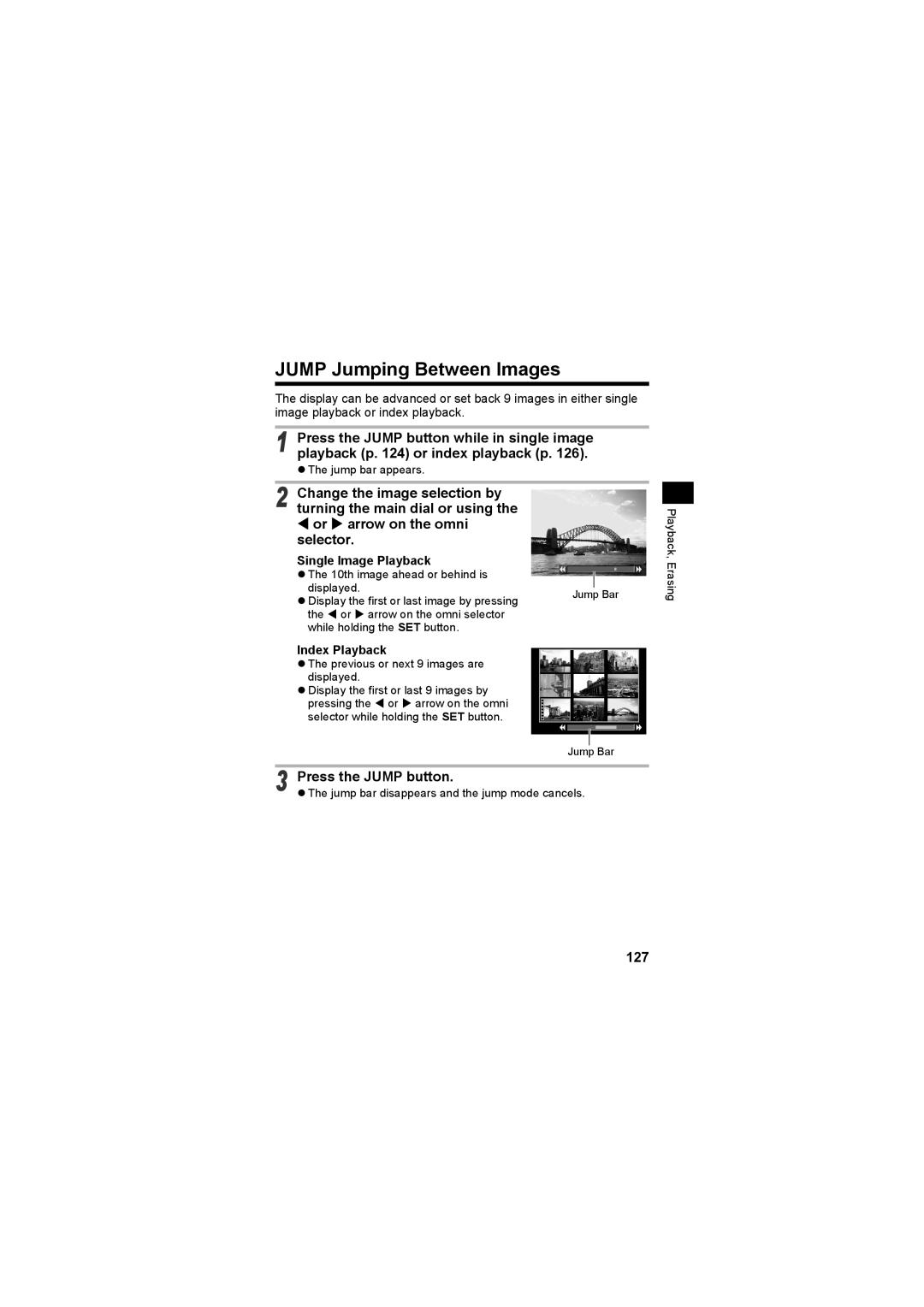 Canon CEL-SE65A210 manual Jump Jumping Between Images, Press the Jump button while in single image, 127 