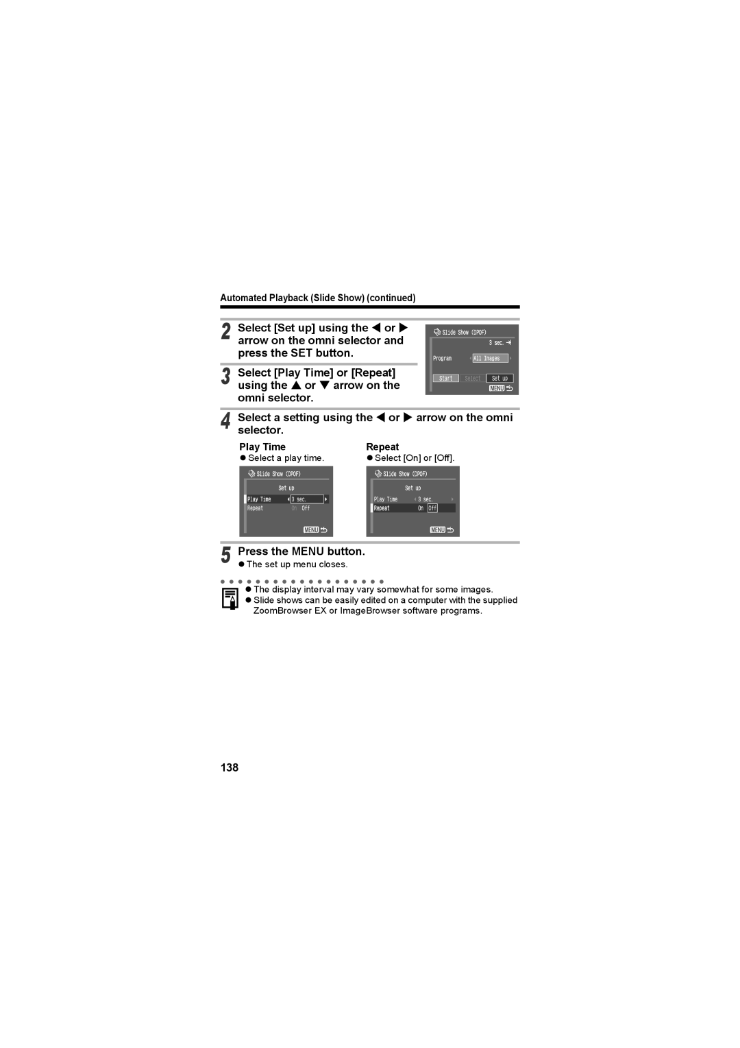 Canon CEL-SE65A210 manual 138, Automated Playback Slide Show, Play Time, Repeat 