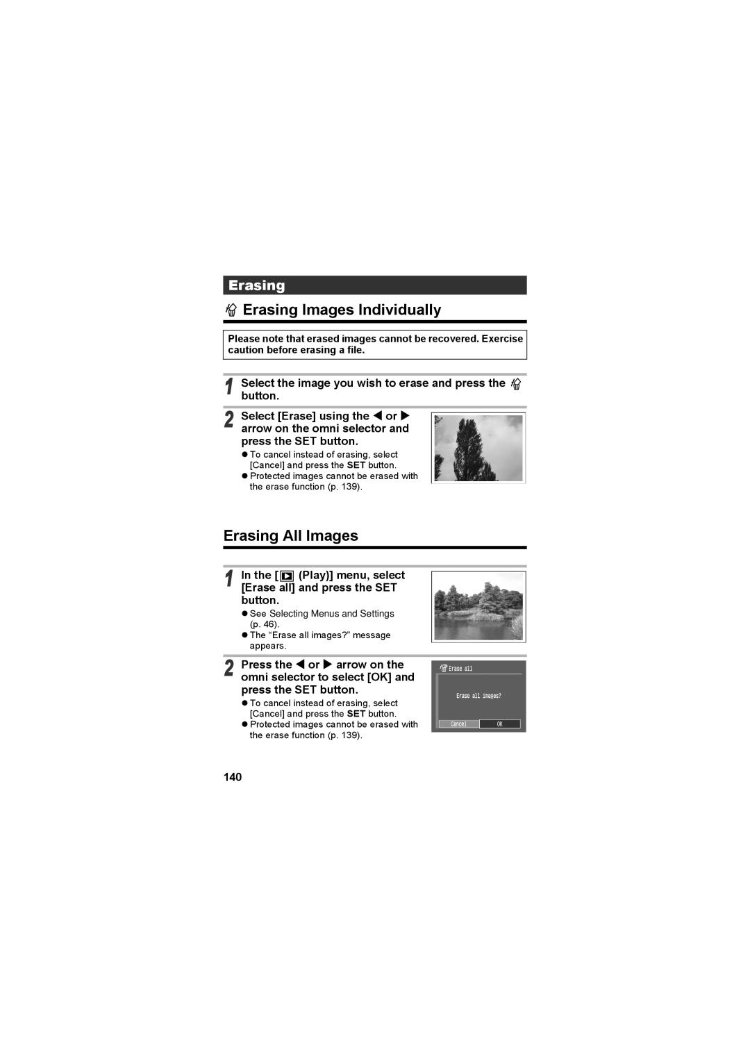 Canon CEL-SE65A210 manual Erasing Images Individually, Erasing All Images, Erase all and press the SET, 140 