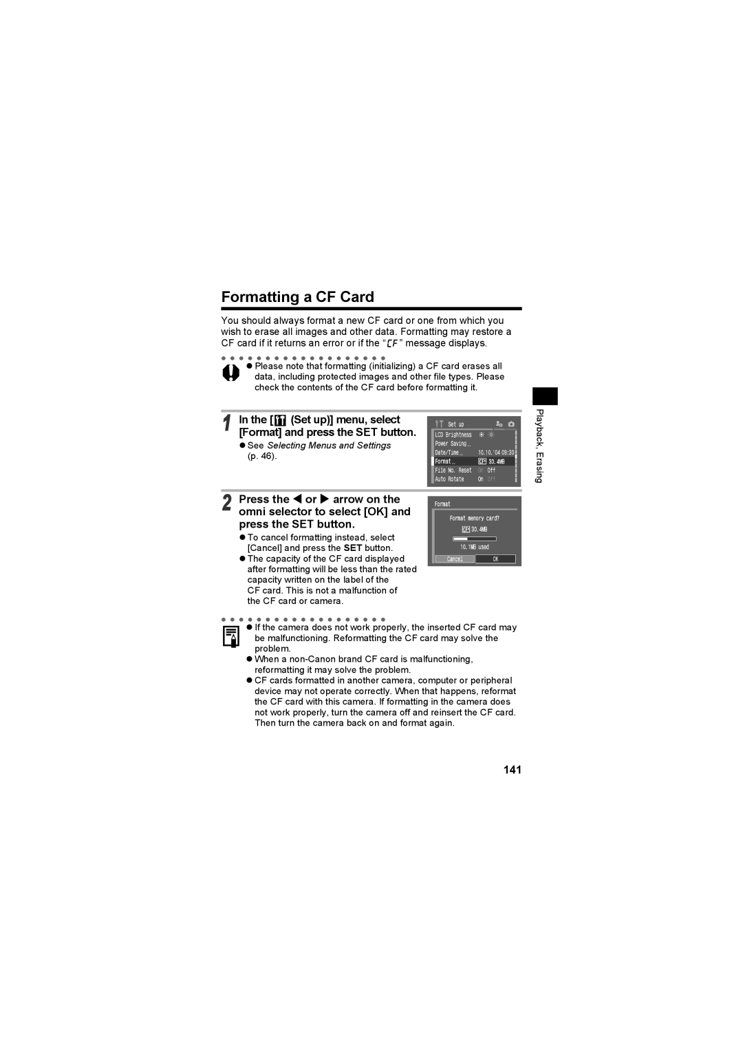 Canon CEL-SE65A210 manual Formatting a CF Card, 141, Set up menu, select Format and press the SET button 