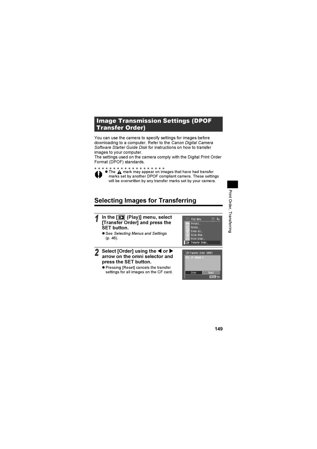 Canon CEL-SE65A210 manual Selecting Images for Transferring, Transfer Order and press, SET button, 149 