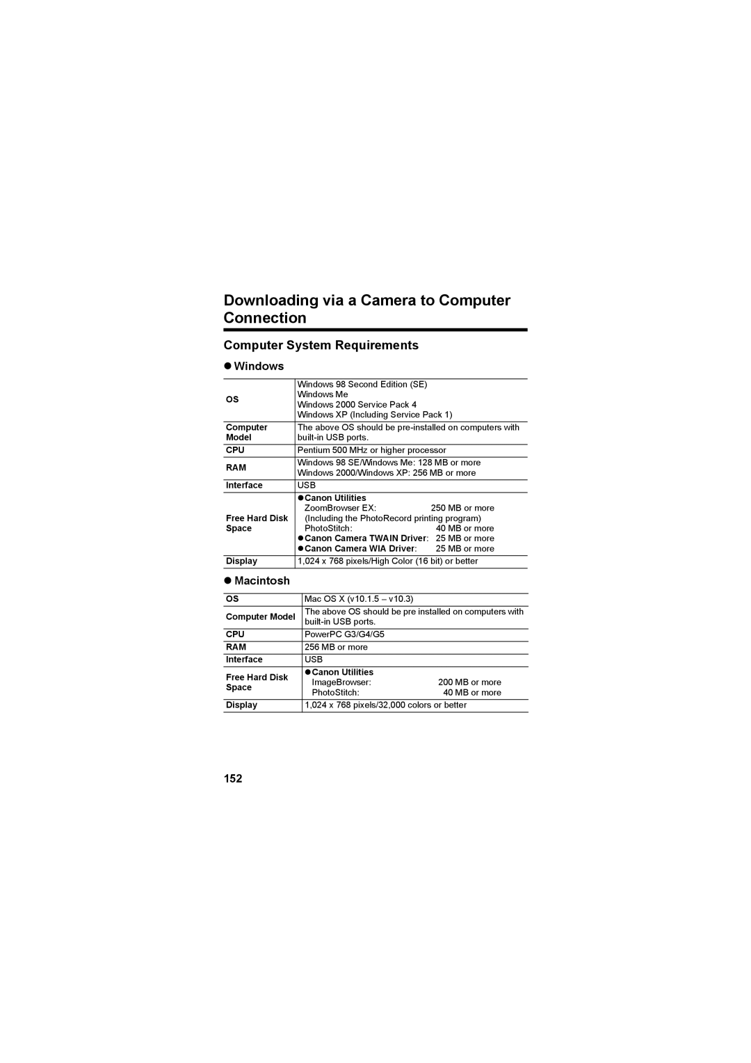 Canon CEL-SE65A210 Downloading via a Camera to Computer Connection, Computer System Requirements, Windows, Macintosh, 152 