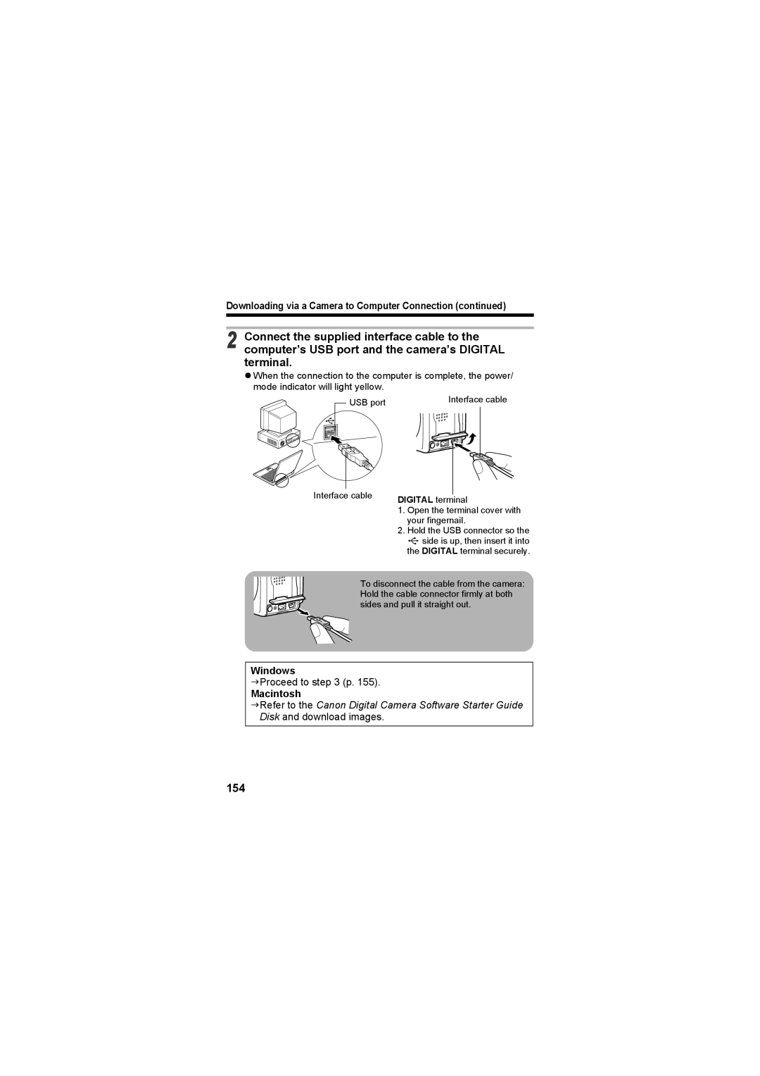 Canon CEL-SE65A210 manual 154, Downloading via a Camera to Computer Connection, Windows, Macintosh, Digital terminal 