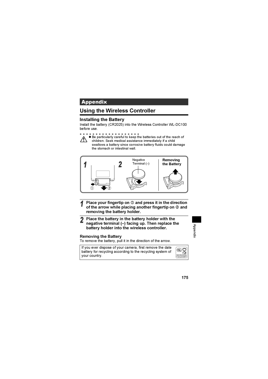 Canon CEL-SE65A210 manual Using the Wireless Controller, Installing the Battery, 175 