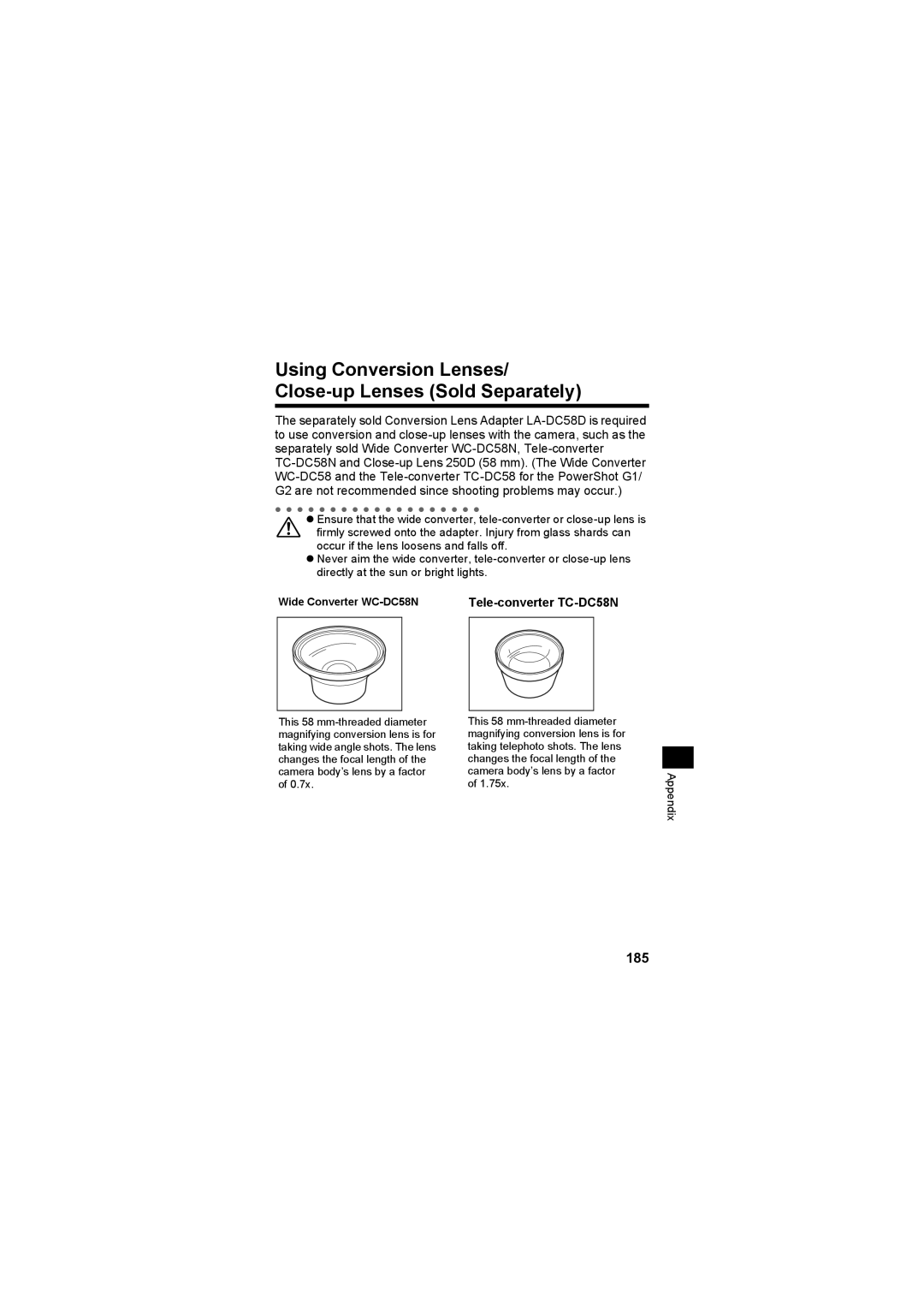 Canon CEL-SE65A210 manual Using Conversion Lenses/ Close-up Lenses Sold Separately, 185, Wide Converter WC-DC58N 