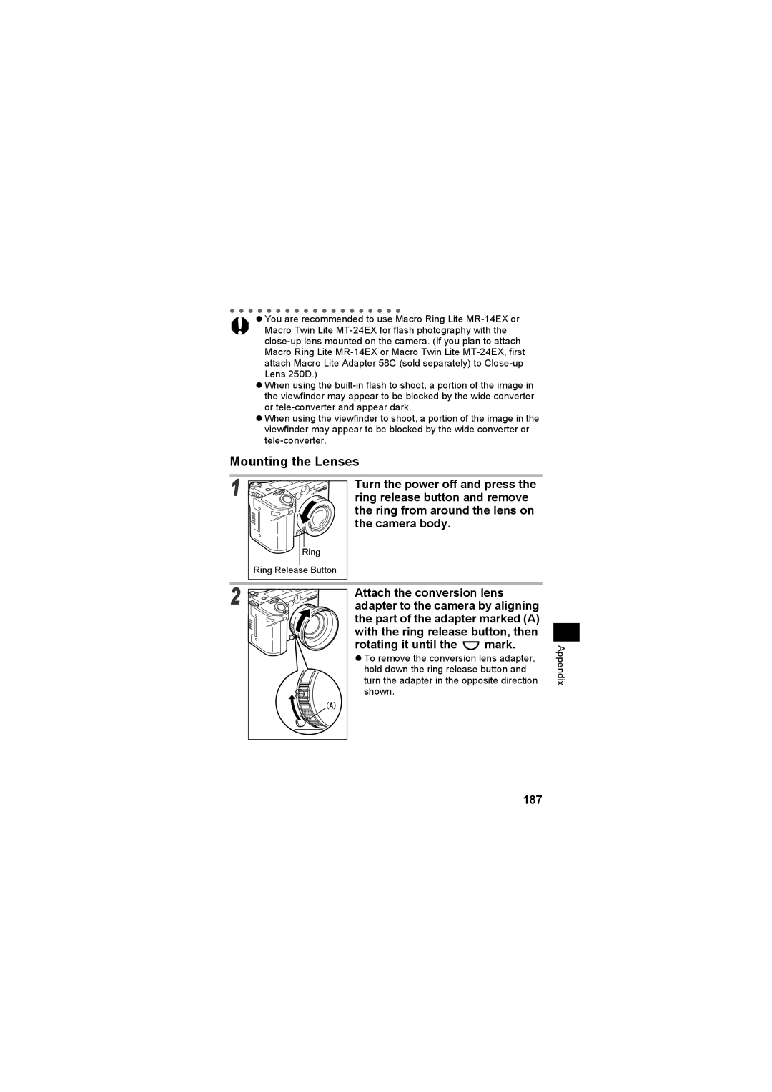 Canon CEL-SE65A210 manual Mounting the Lenses 