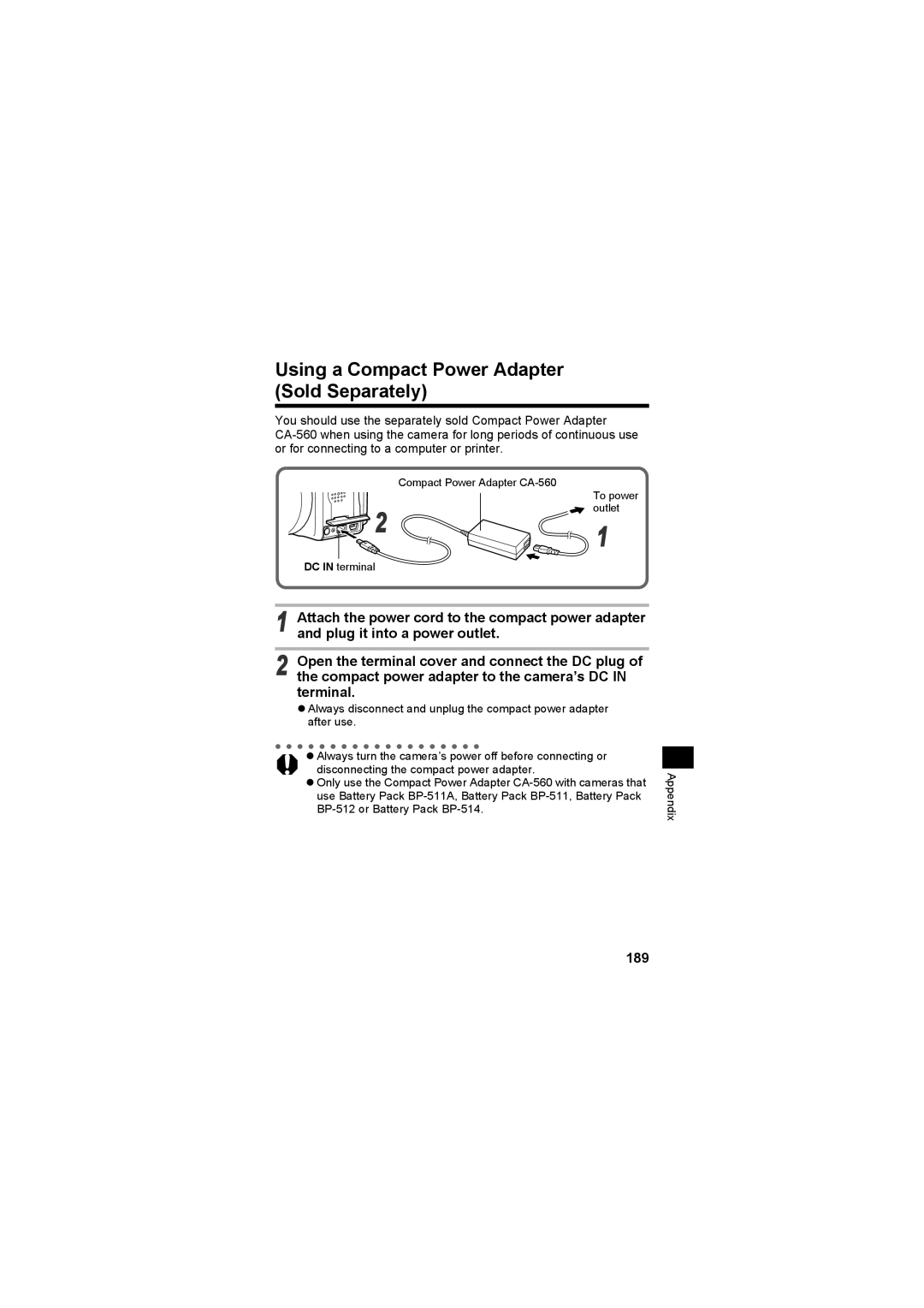 Canon CEL-SE65A210 manual Using a Compact Power Adapter Sold Separately, 189 