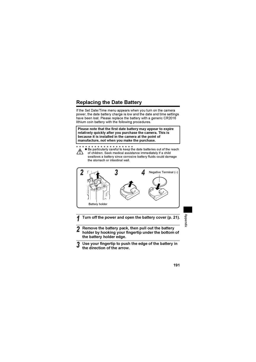 Canon CEL-SE65A210 manual Replacing the Date Battery, 191 