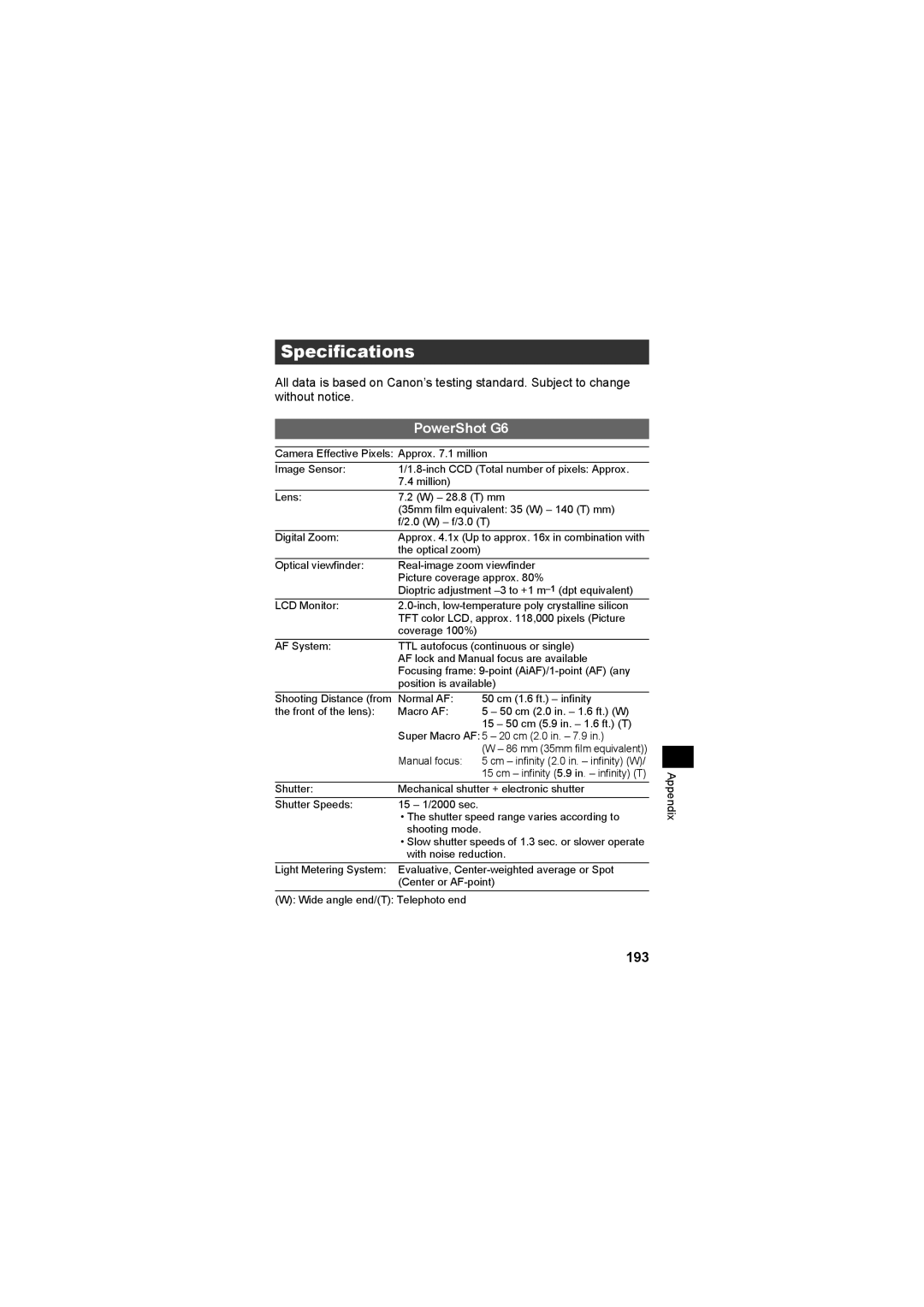 Canon CEL-SE65A210 manual Specifications, 193 