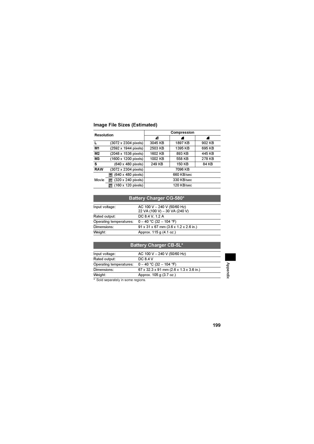 Canon CEL-SE65A210 manual Image File Sizes Estimated, 199, Resolution Compression 