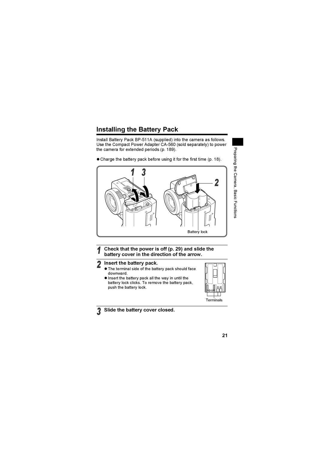 Canon CEL-SE65A210 manual Installing the Battery Pack, Slide the battery cover closed 