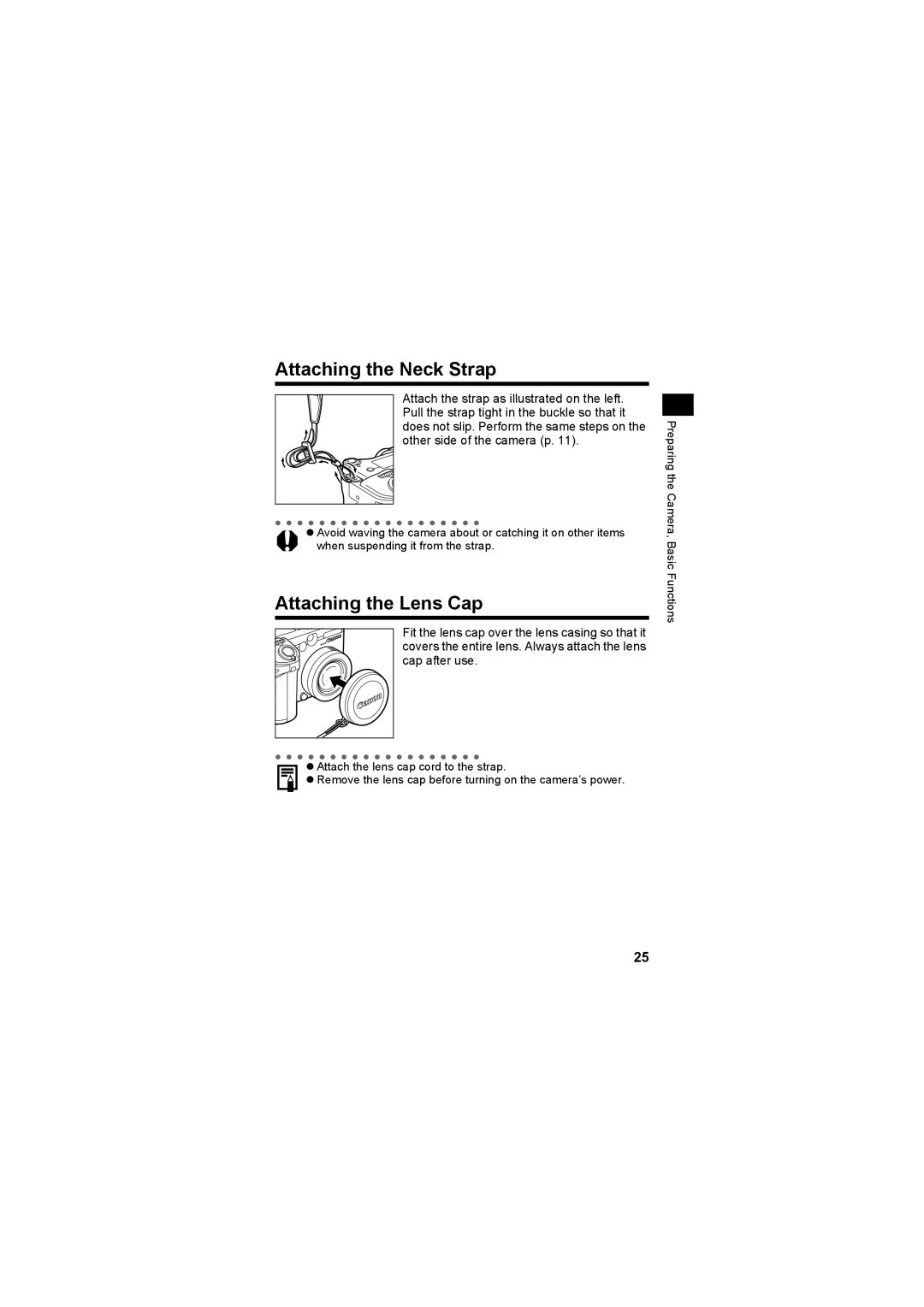 Canon CEL-SE65A210 manual Attaching the Neck Strap, Attaching the Lens Cap 