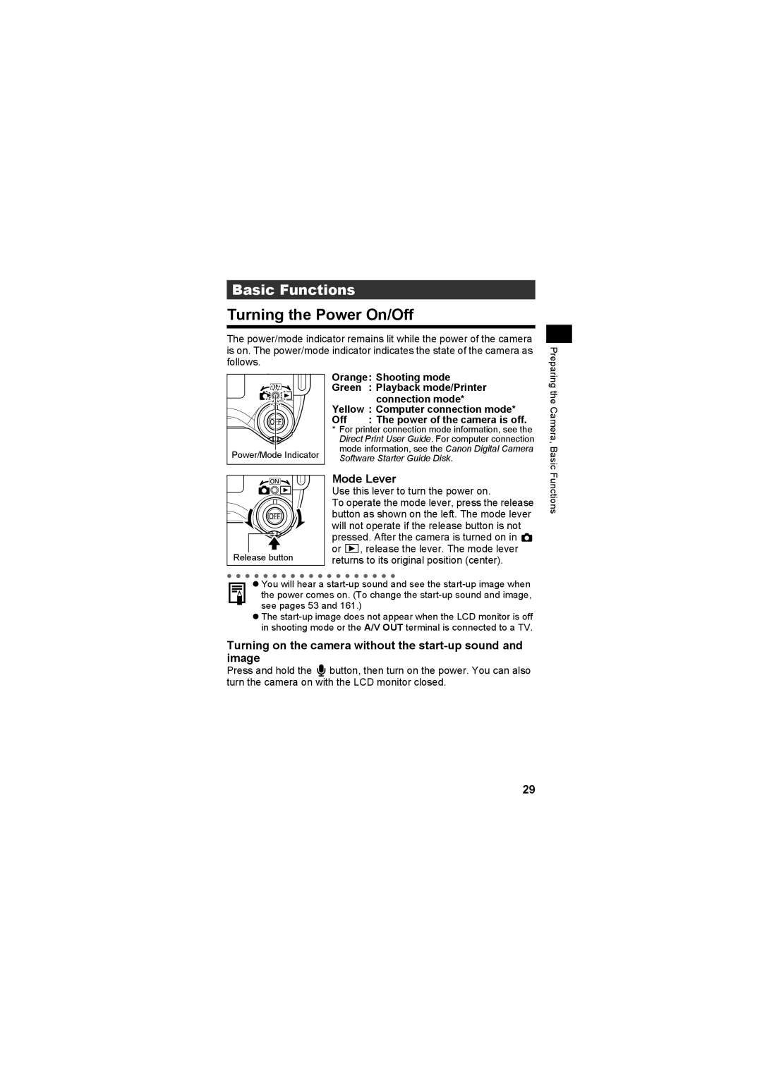 Canon CEL-SE65A210 manual Turning the Power On/Off, Mode Lever, Turning on the camera without the start-up sound and image 