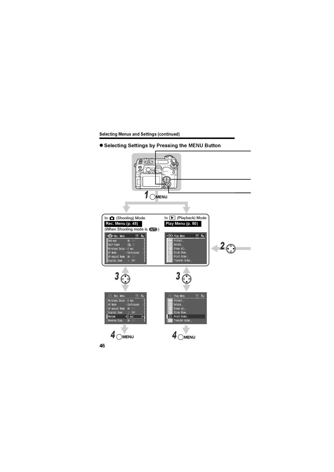 Canon CEL-SE65A210 manual Selecting Settings by Pressing the Menu Button, Selecting Menus and Settings 