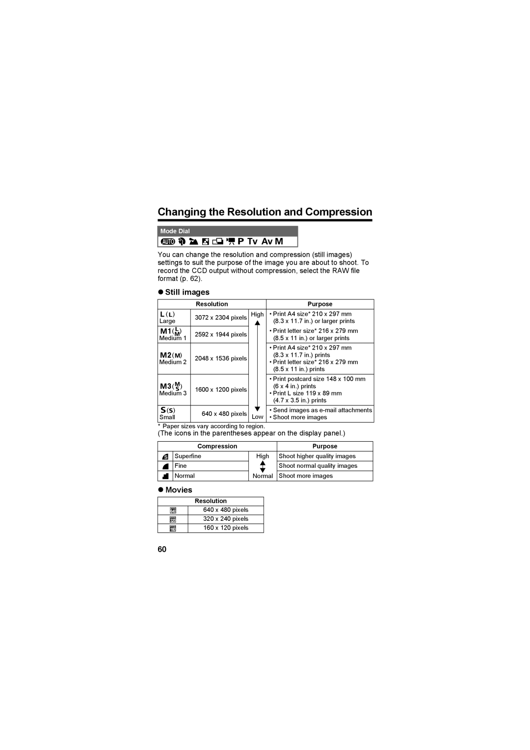 Canon CEL-SE65A210 manual Changing the Resolution and Compression, Still images, Movies 