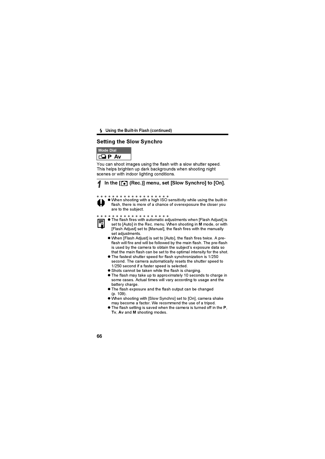 Canon CEL-SE65A210 manual Setting the Slow Synchro, Rec. menu, set Slow Synchro to On, Using the Built-In Flash 