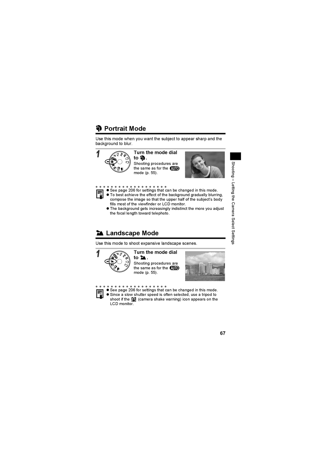 Canon CEL-SE65A210 manual Portrait Mode, Landscape Mode, Turn the mode dial 