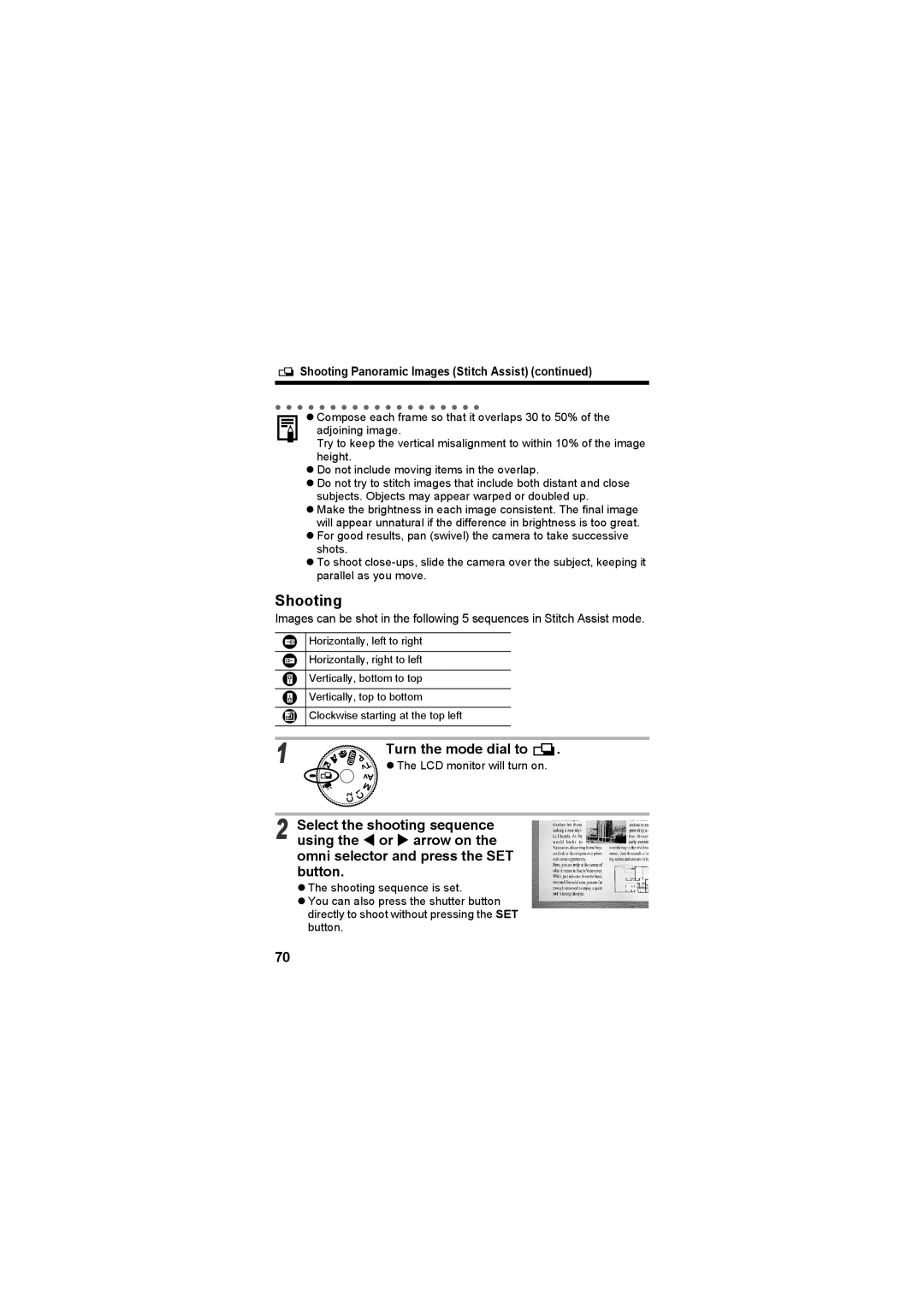 Canon CEL-SE65A210 manual Turn the mode dial to, Shooting Panoramic Images Stitch Assist, LCD monitor will turn on 