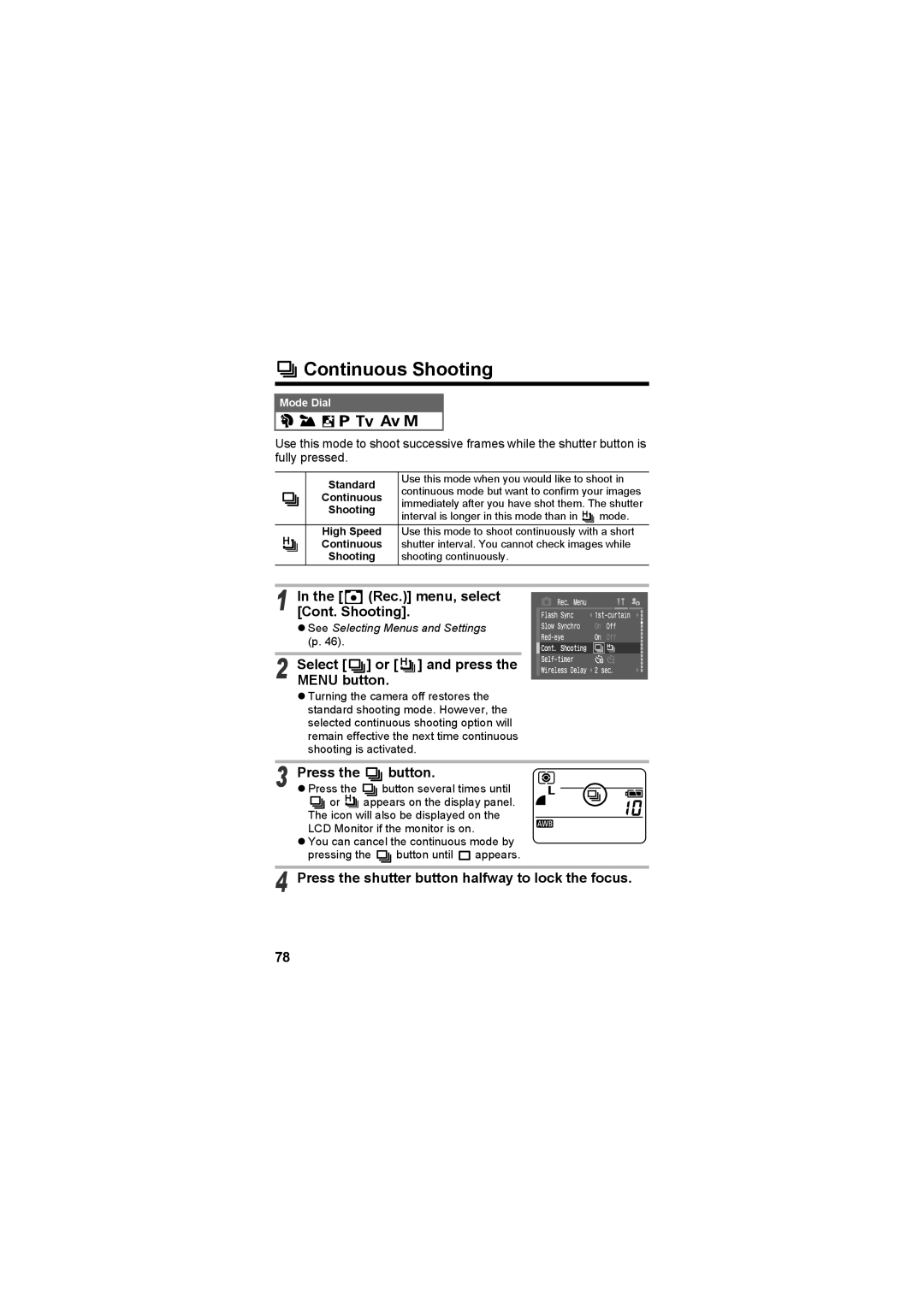 Canon CEL-SE65A210 manual Continuous Shooting, Rec. menu, select, Cont Shooting, Select Press Menu button 