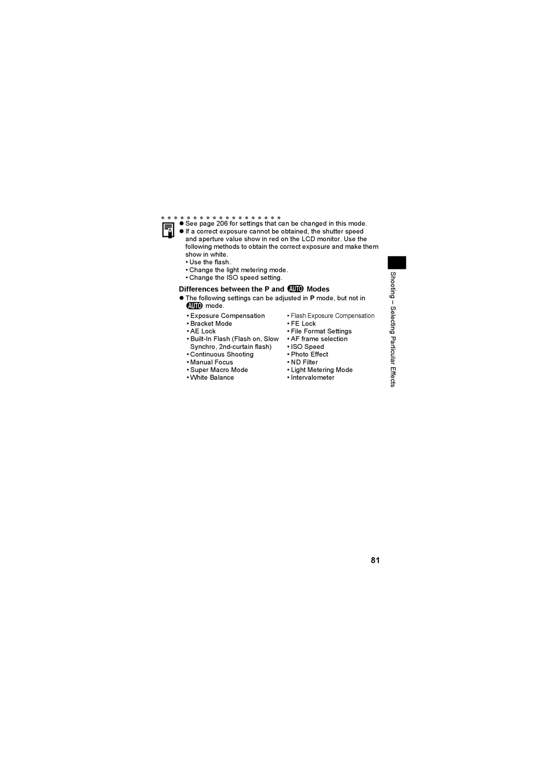 Canon CEL-SE65A210 manual Differences between the P and Modes 