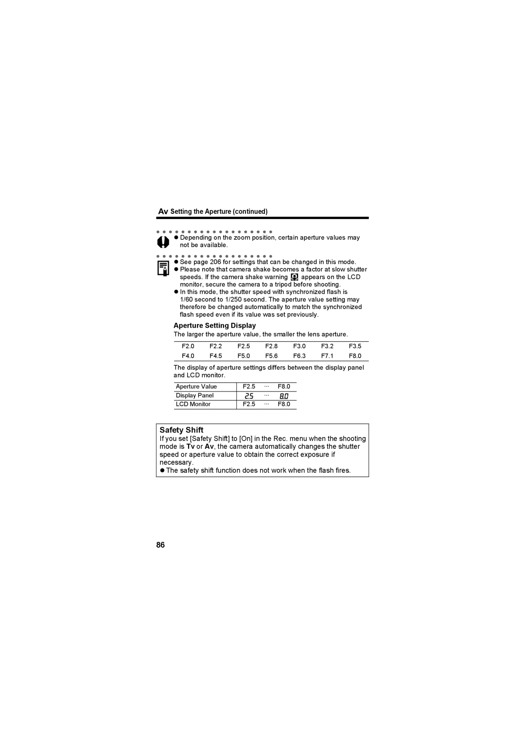 Canon CEL-SE65A210 manual Safety Shift, Setting the Aperture, Aperture Setting Display 