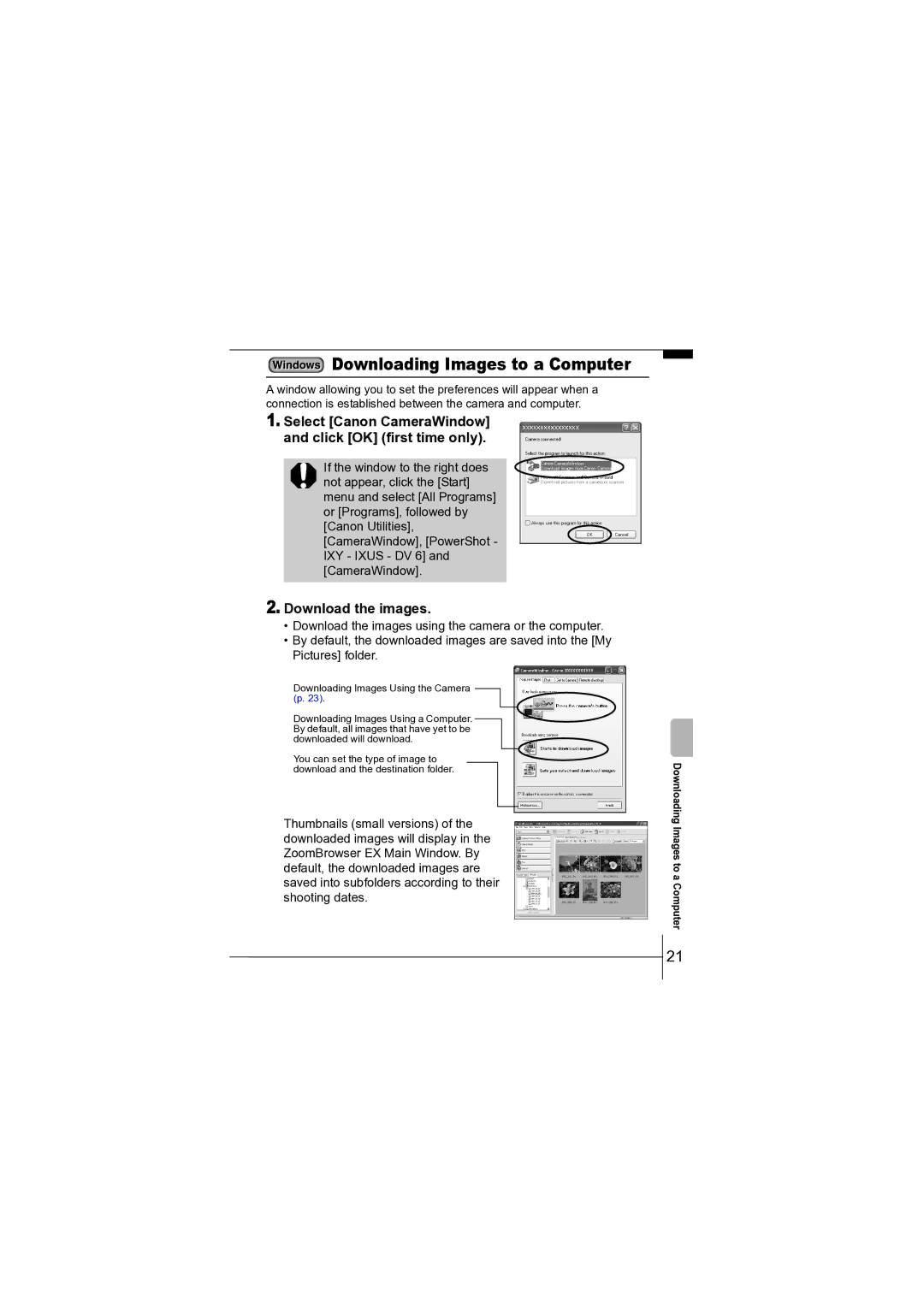 Canon CEL-SF7BA210 manual Select Canon CameraWindow and click OK first time only, Download the images 