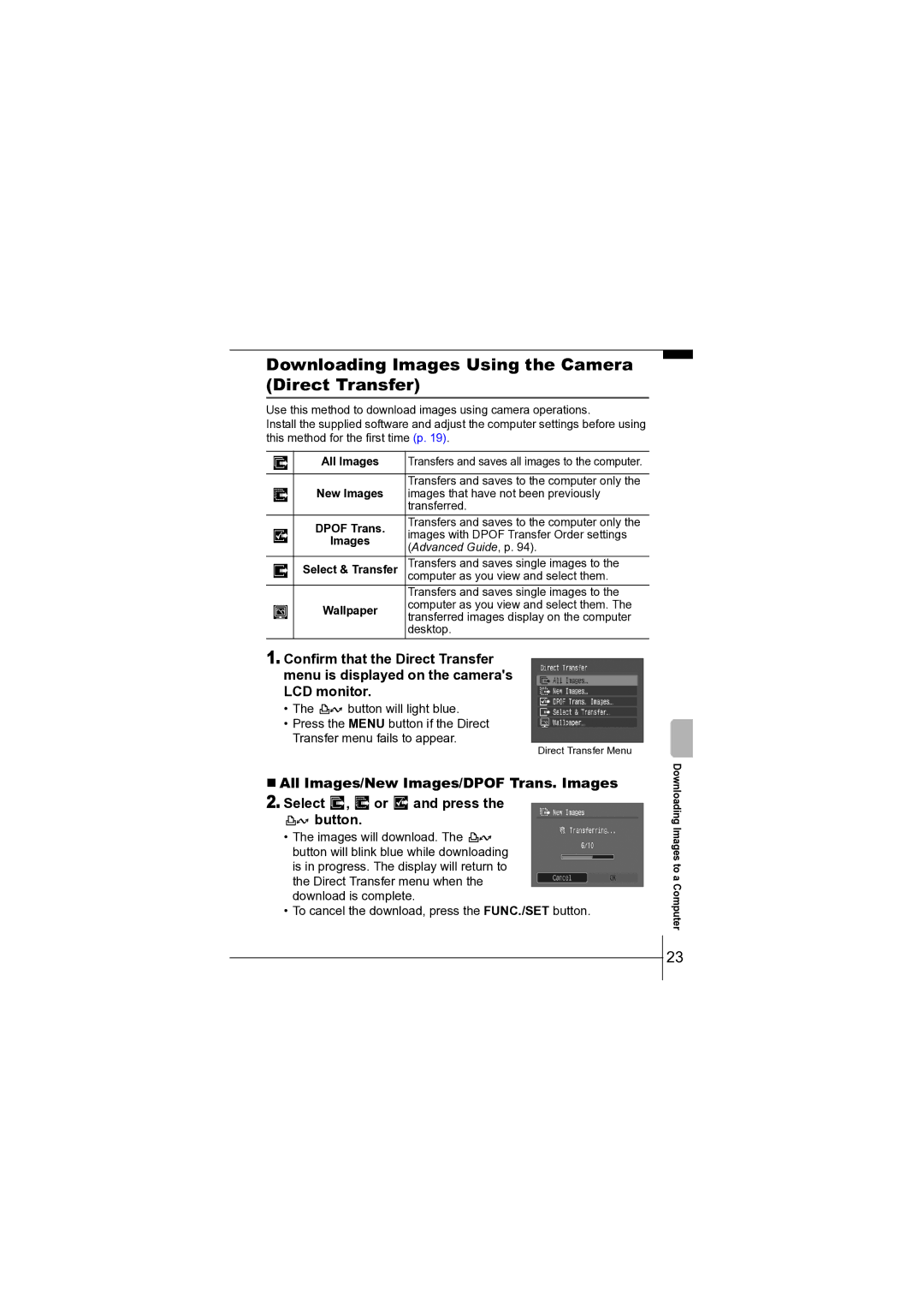 Canon CEL-SF7BA210 manual Downloading Images Using the Camera Direct Transfer, All Images, New Images 