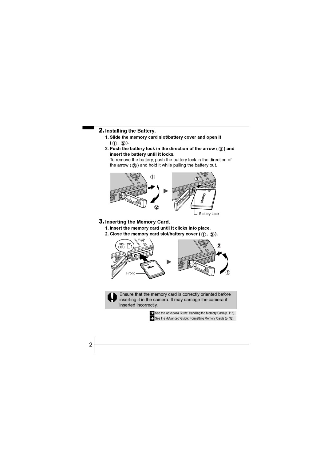 Canon CEL-SF7BA210 manual Installing the Battery, Inserting the Memory Card 