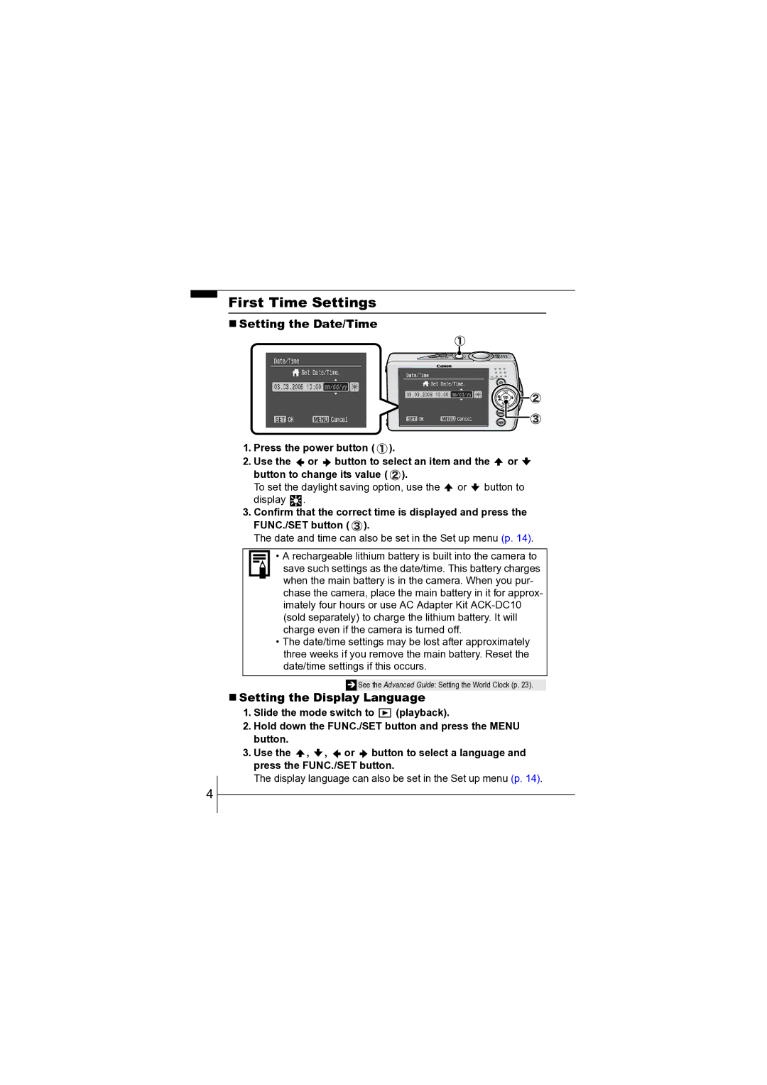 Canon CEL-SF7BA210 manual First Time Settings, „ Setting the Date/Time, „ Setting the Display Language 