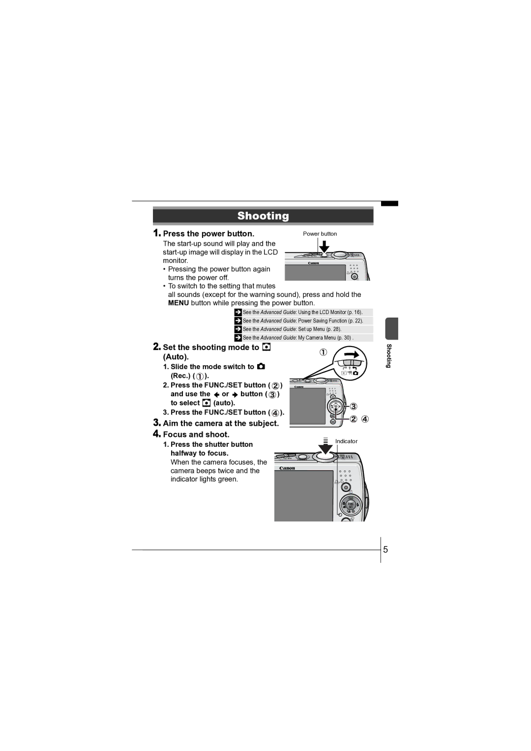 Canon CEL-SF7BA210 manual Shooting, Press the power button, Set the shooting mode to Auto 