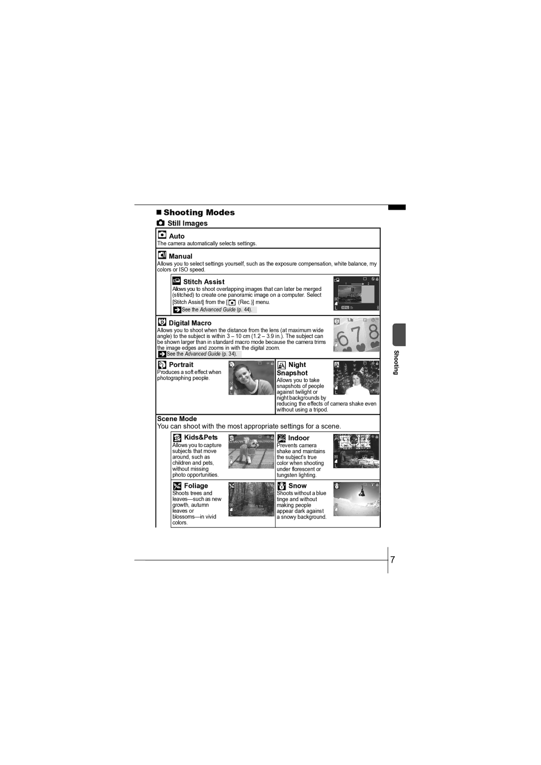 Canon CEL-SF7BA210 manual „ Shooting Modes, Still Images 