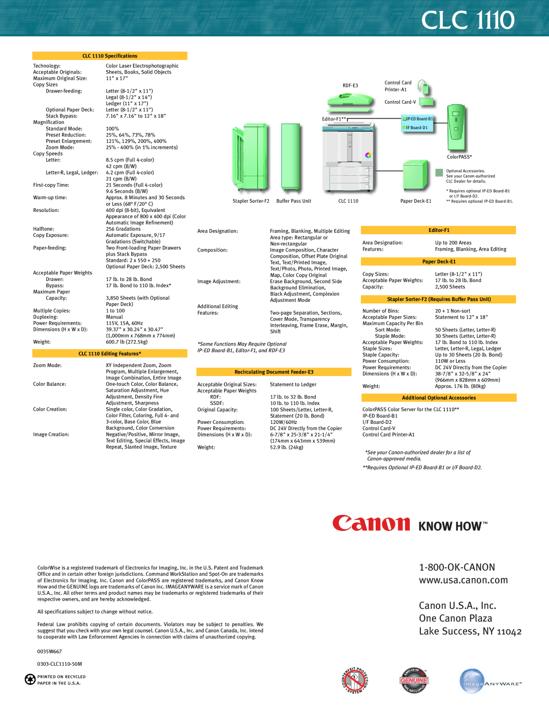 Canon CLC 1110 manual Canon U.S.A., Inc One Canon Plaza Lake Success, NY 