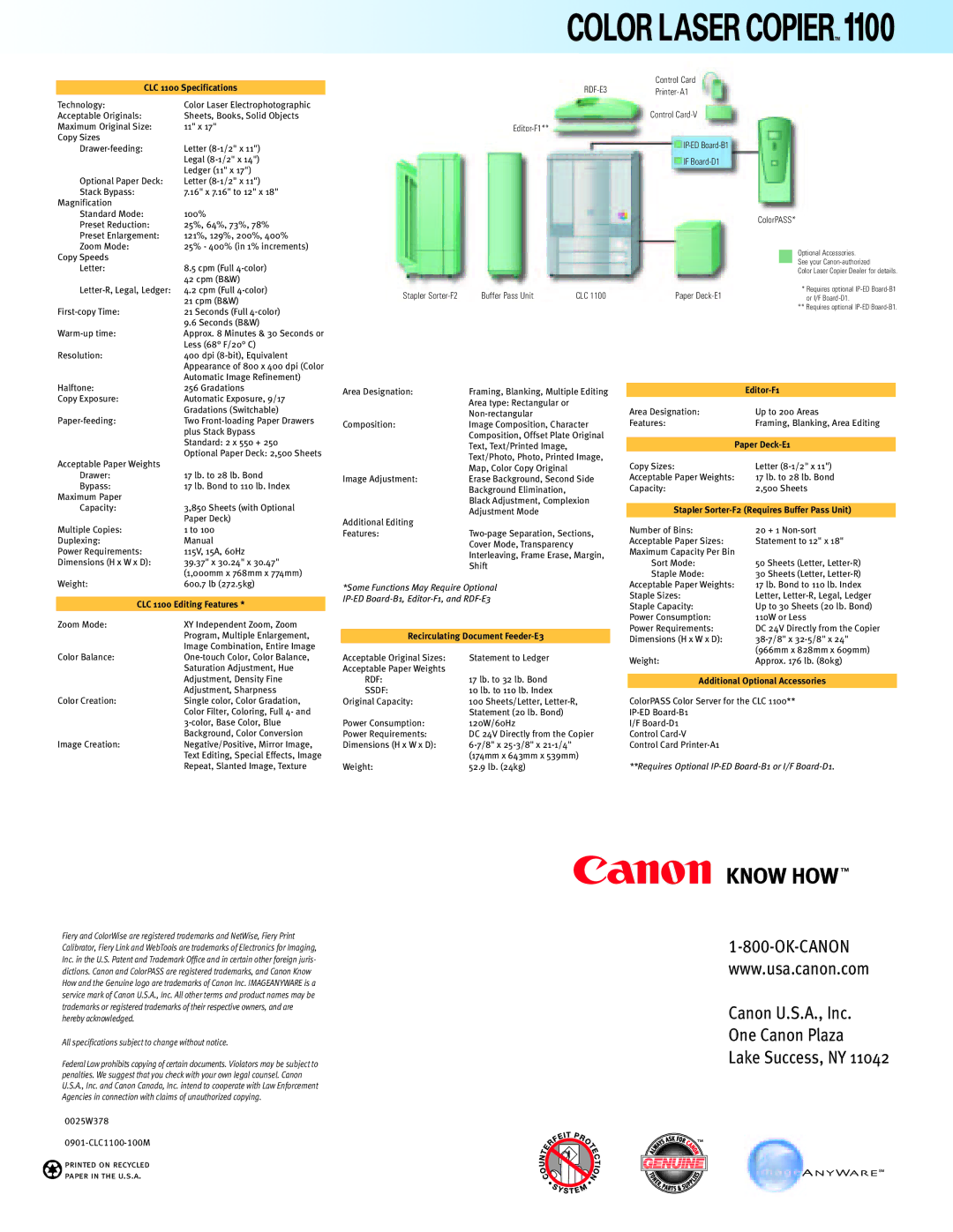 Canon CLC1100 manual Canon U.S.A., Inc One Canon Plaza Lake Success, NY 