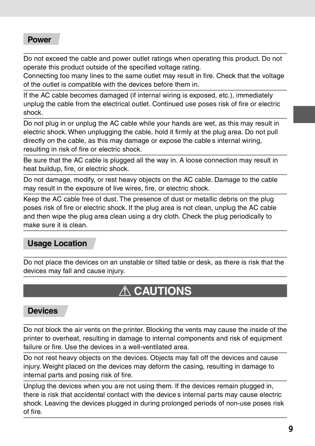 Canon CP-100 manual Power, Usage Location, Devices 