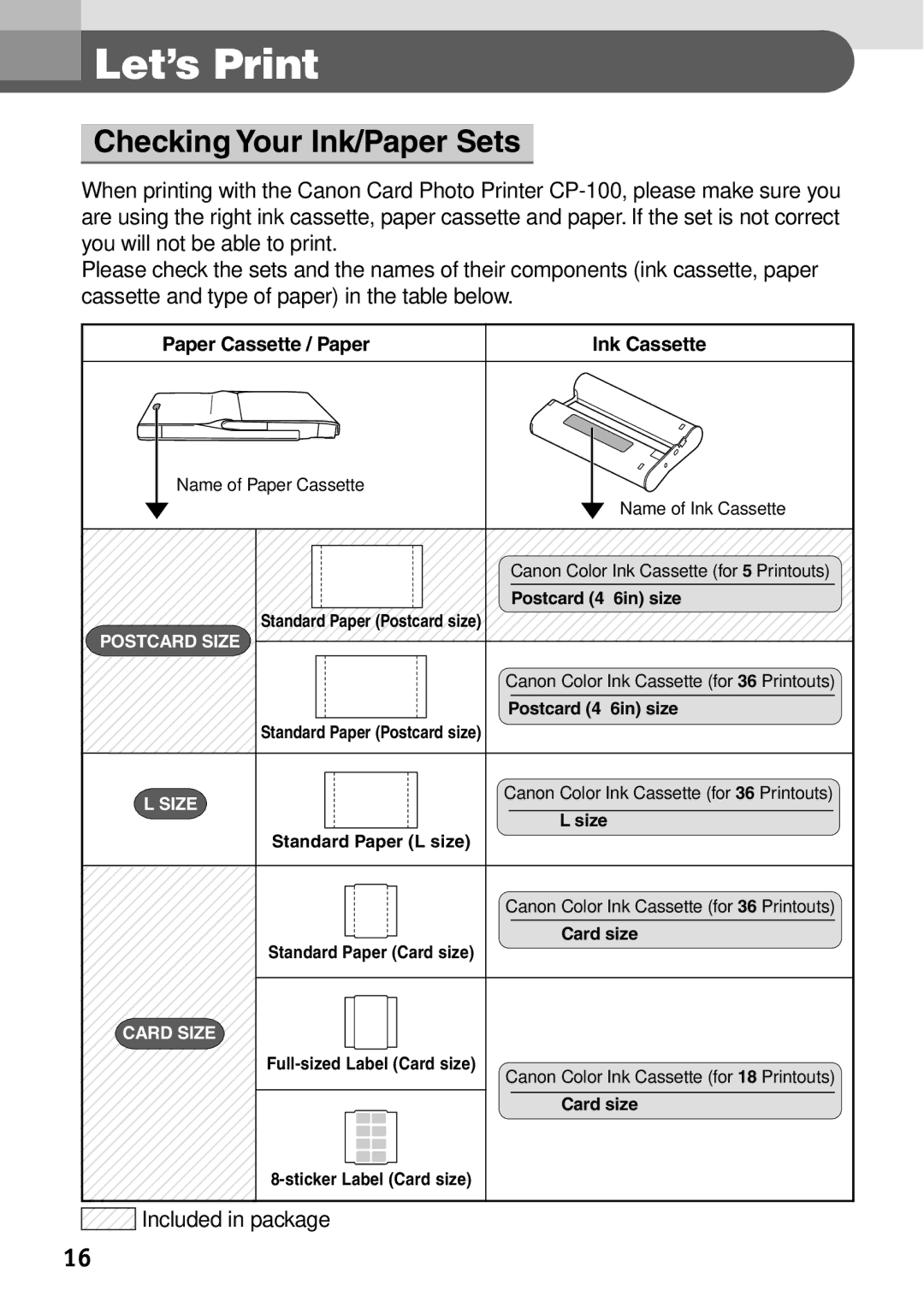 Canon CP-100 manual Let’s Print, Checking Your Ink/Paper Sets 