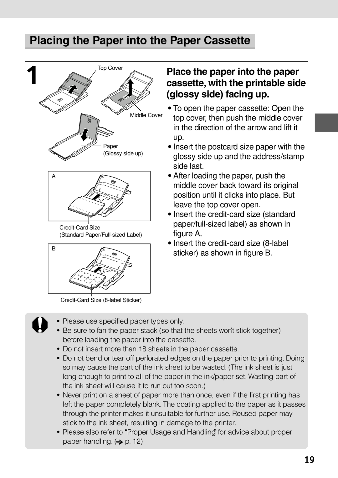 Canon CP-100 manual Placing the Paper into the Paper Cassette 