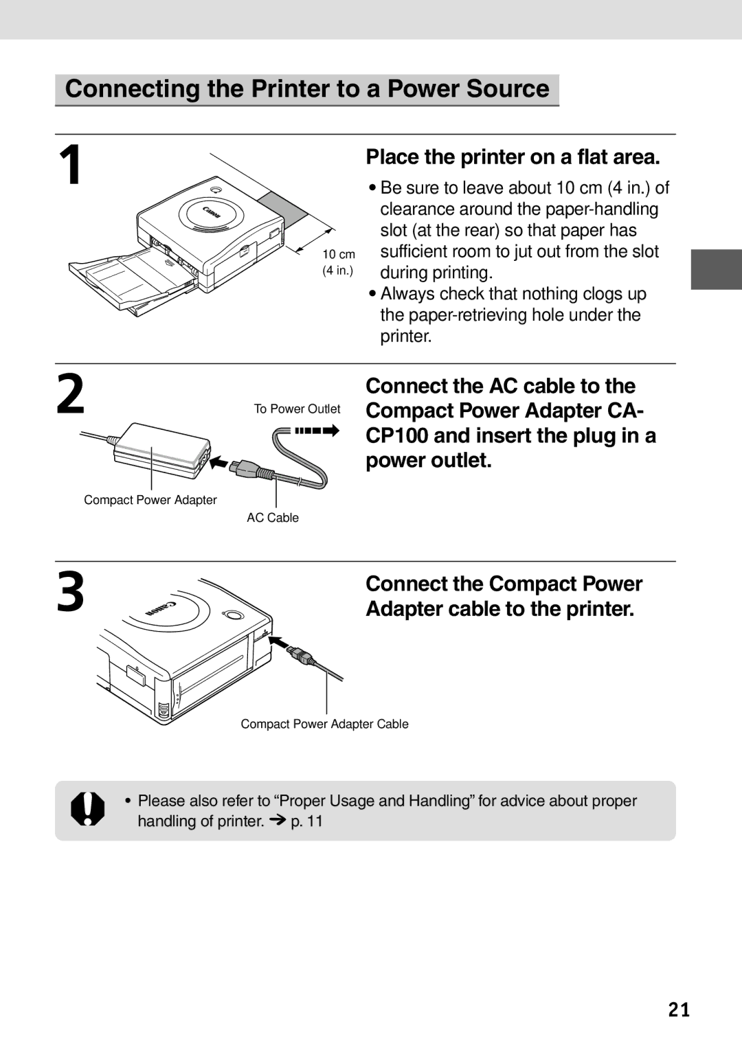 Canon CP-100 manual Connecting the Printer to a Power Source, Connect the Compact Power, Adapter cable to the printer 