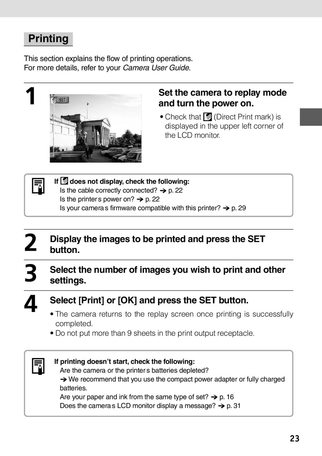 Canon CP-100 manual Printing, Set the camera to replay mode, Button.Display the images to be printed and press the SET 