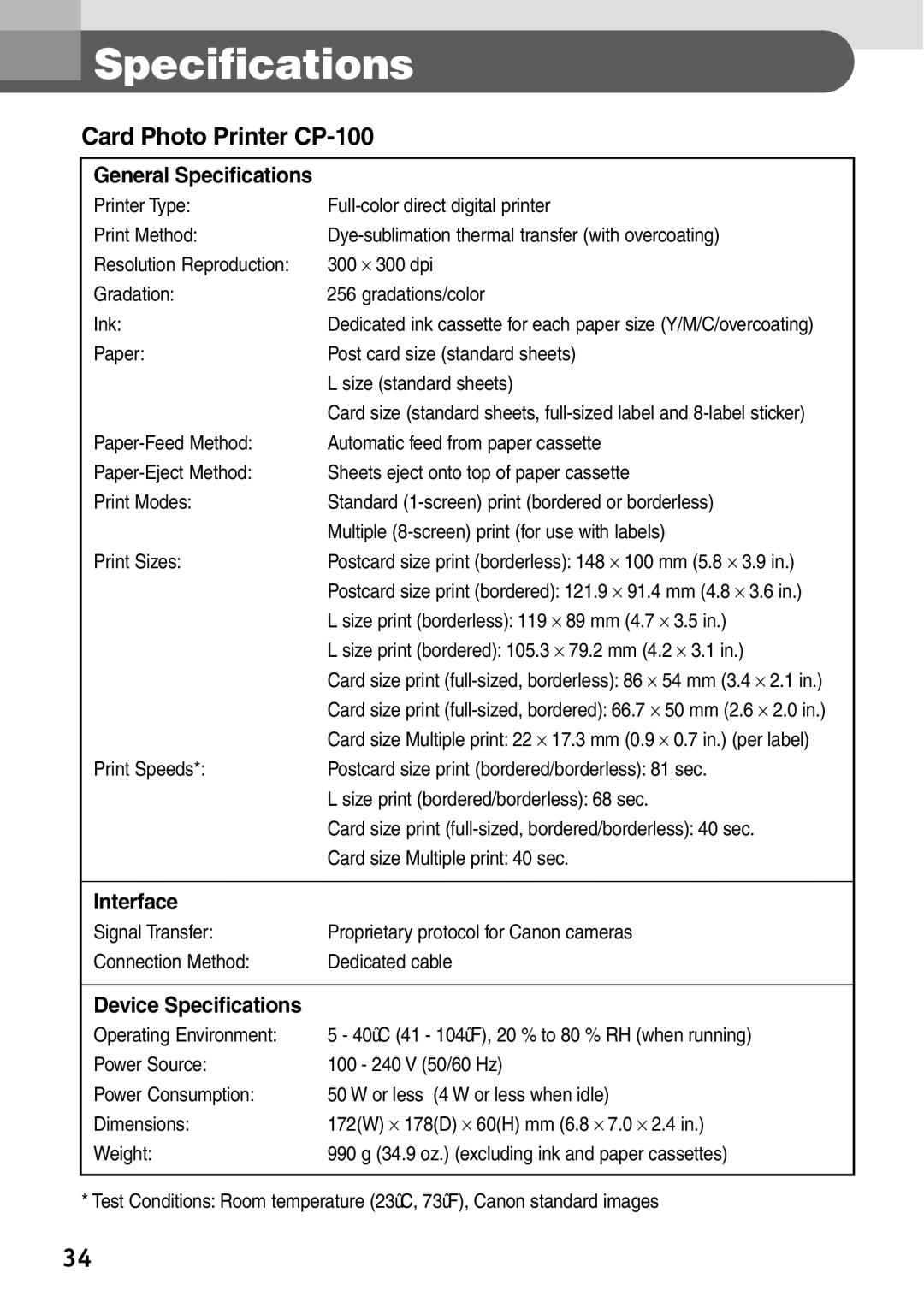 Canon manual Specifications, Card Photo Printer CP-100 