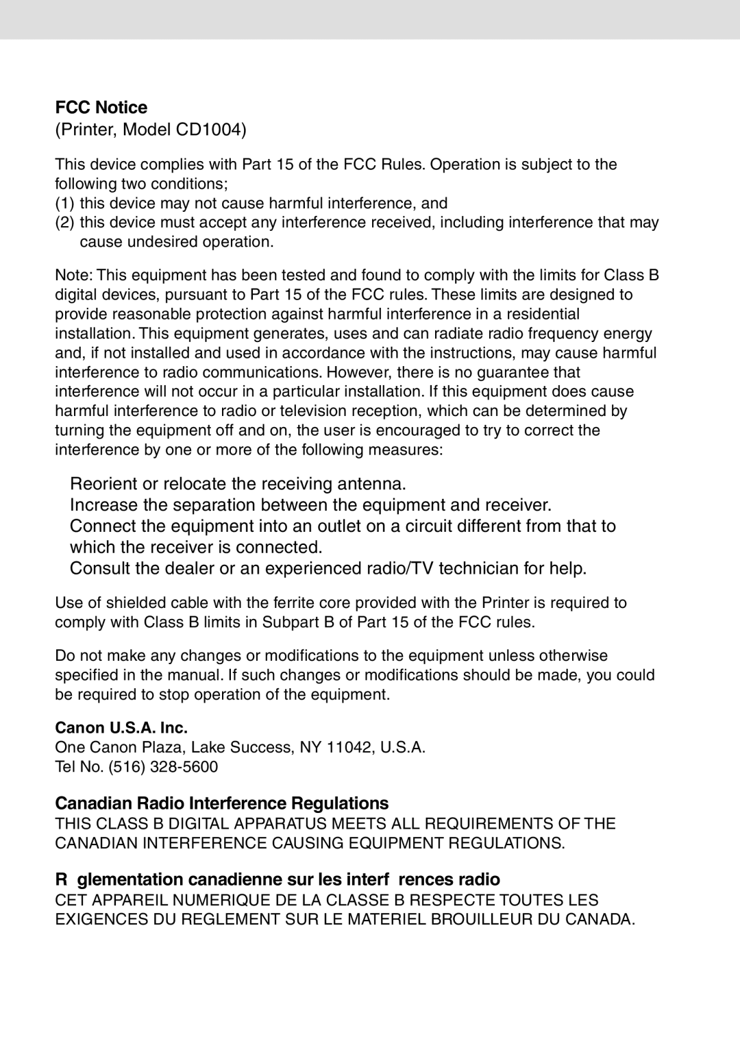 Canon CP-100 manual FCC Notice 